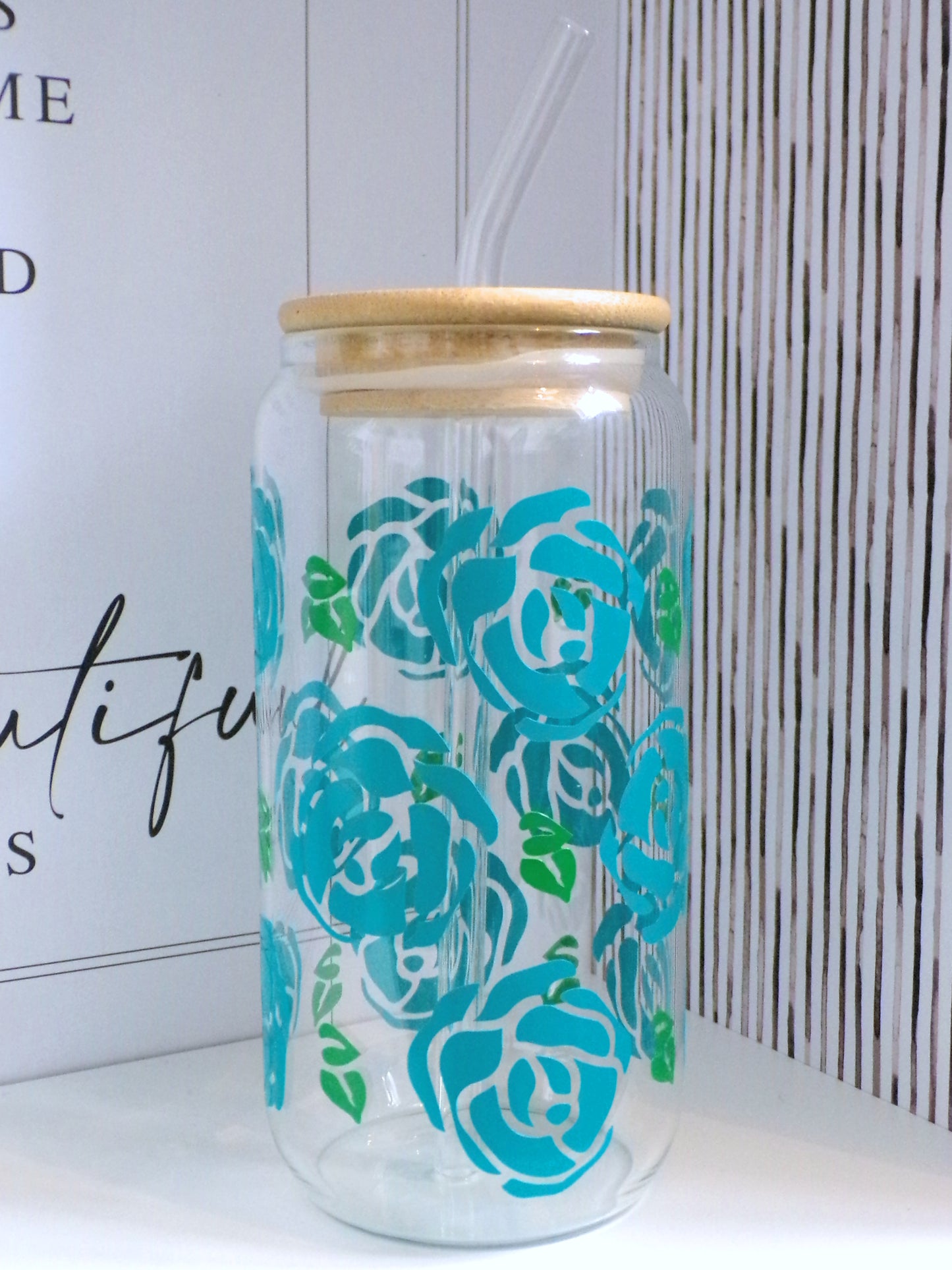 Its All About The Roses Teal 20oz Glass Can with Bamboo lid and Straw