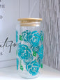 Its All About The Roses Teal 20oz Glass Can with Bamboo lid and Straw