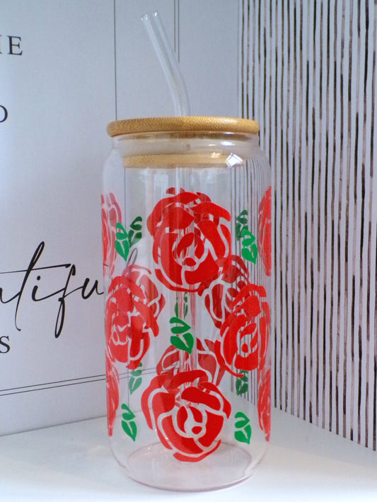 Its All About The Roses Red 20oz Glass Can with Bamboo lid and Straw