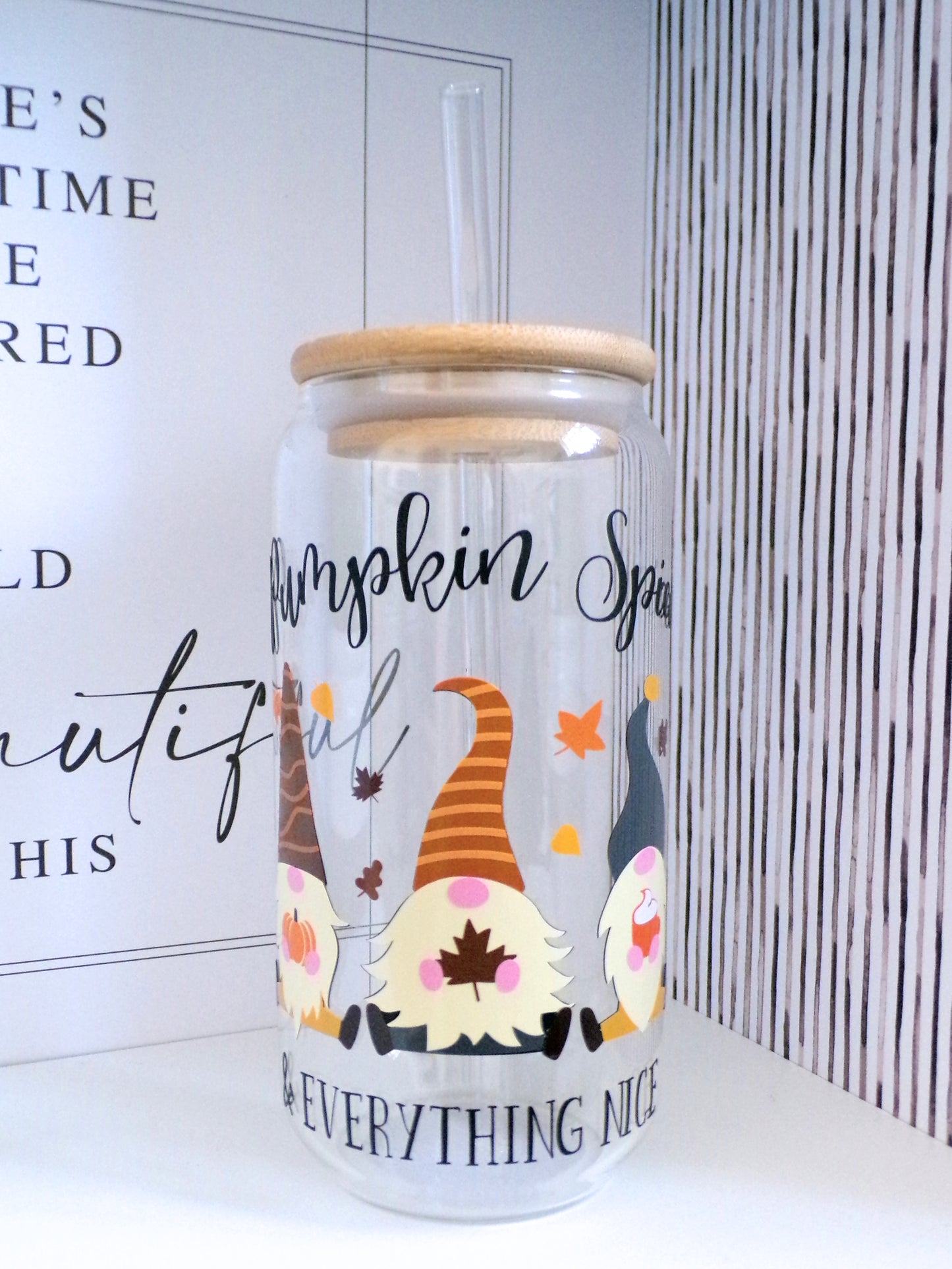 Pumpkin Spice And Everything Nice Gnome / Gonk 20oz Glass Can with Bamboo lid and Straw