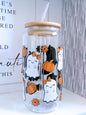 Pumpkins And Ghosts 20oz Glass Can with Bamboo lid and Straw