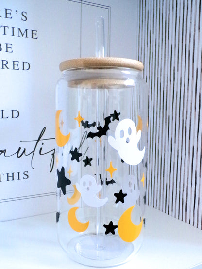 Flying Ghosts and bats in the night sky 20oz Glass Can with Bamboo lid and Straw