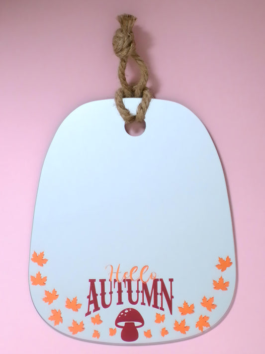 Hello Autumn in Orange leaves and a Dark red mushroom Fall Mirror