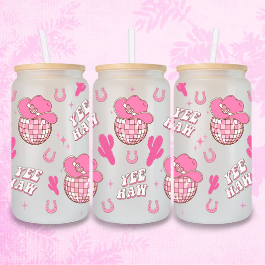 Yee Haw Cowgirl Disco Ball & Hats 16oz Frosted or Clear Libbey Glass Can with Bamboo lid & Straw