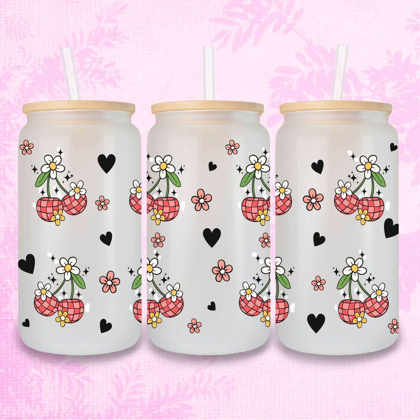 Disco Cherries & Hearts 16oz Frosted or Clear Libbey Glass Can with Bamboo lid & Straw