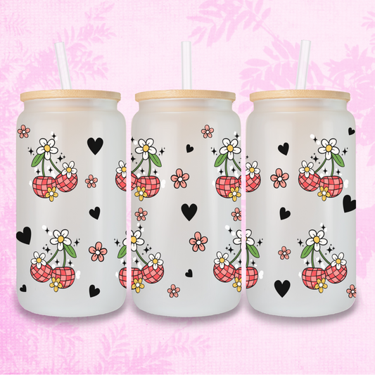 Disco Cherries & Hearts 16oz Frosted or Clear Libbey Glass Can with Bamboo lid & Straw