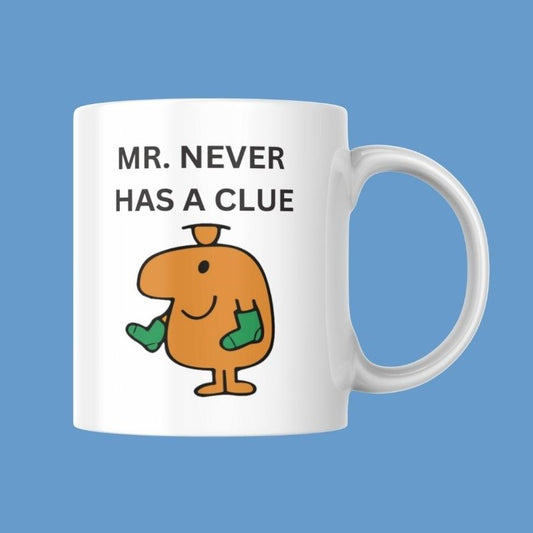 Novelty Mr. Men Mug, Mr. Never Has A Clue, Can Be Personalised, Great Gift Idea
