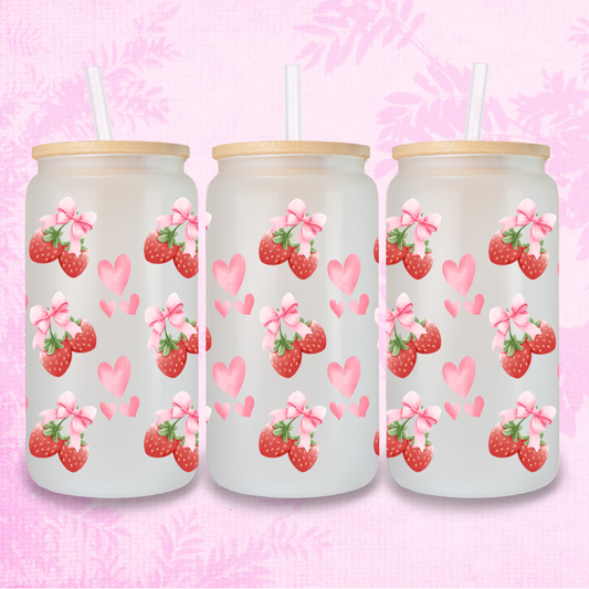 Strawberries in Summer 16oz Frosted or Clear Libbey Glass Can with Bamboo lid & Straw