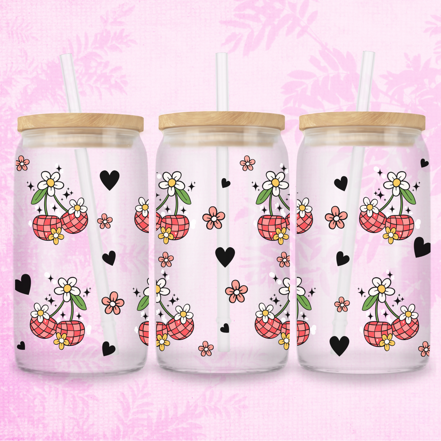 Disco Cherries & Hearts 16oz Frosted or Clear Libbey Glass Can with Bamboo lid & Straw