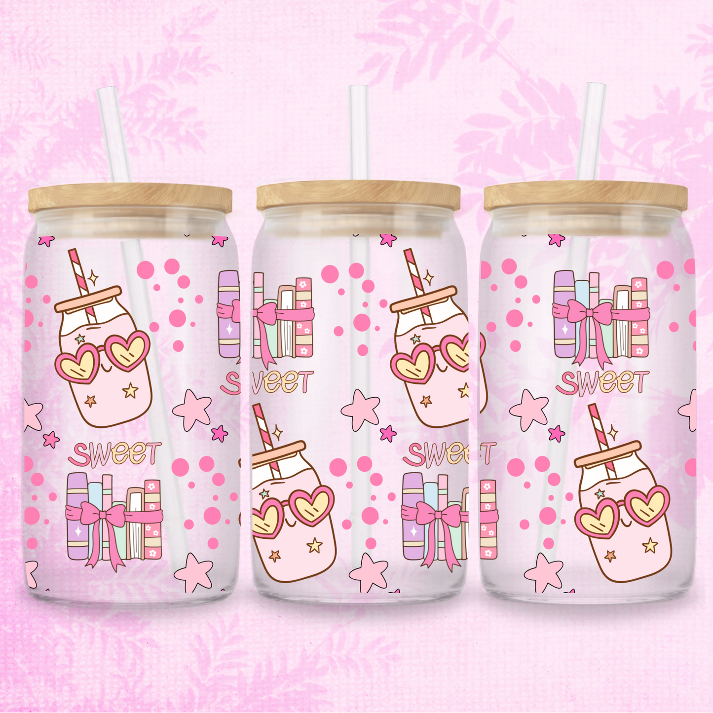 Books & Summer Drinks 16oz Frosted or Clear Libbey Glass Can with Bamboo lid & Straw