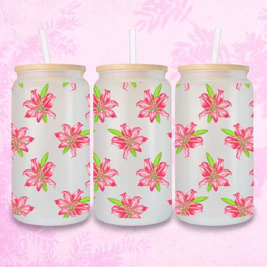 Hand Drawn Pink Lily Design 16oz Frosted or Clear Libbey Glass Can with Bamboo lid & Straw