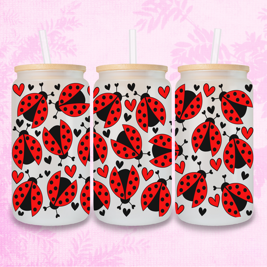 Red Ladybird Or Ladybug 16oz Frosted or Clear Libbey Glass Can with Bamboo lid & Straw