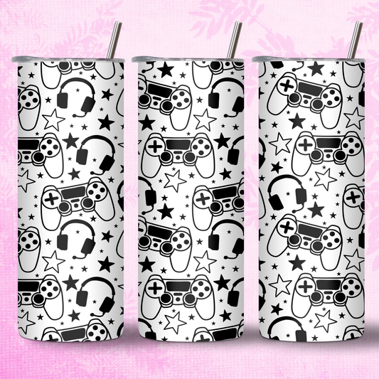 Black & White Controller Design for Gamers 20oz Thermal Tumbler with Straw