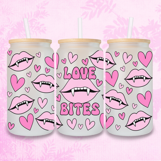 Love Bites In Pink Vampire 16oz Frosted or Clear Libbey Glass Can with Bamboo lid & Straw