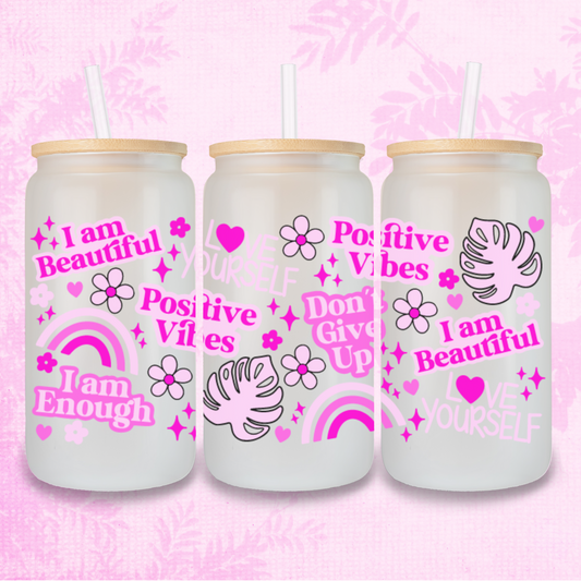 Positive Vibes Pink 16oz Frosted or Clear Libbey Glass Can with Bamboo lid & Straw