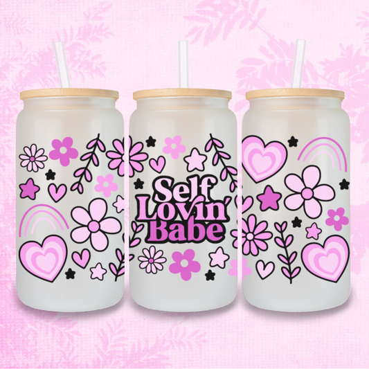 Self Lovin' Babe in Pinks 16oz Frosted or Clear Libbey Glass Can with Bamboo lid & Straw