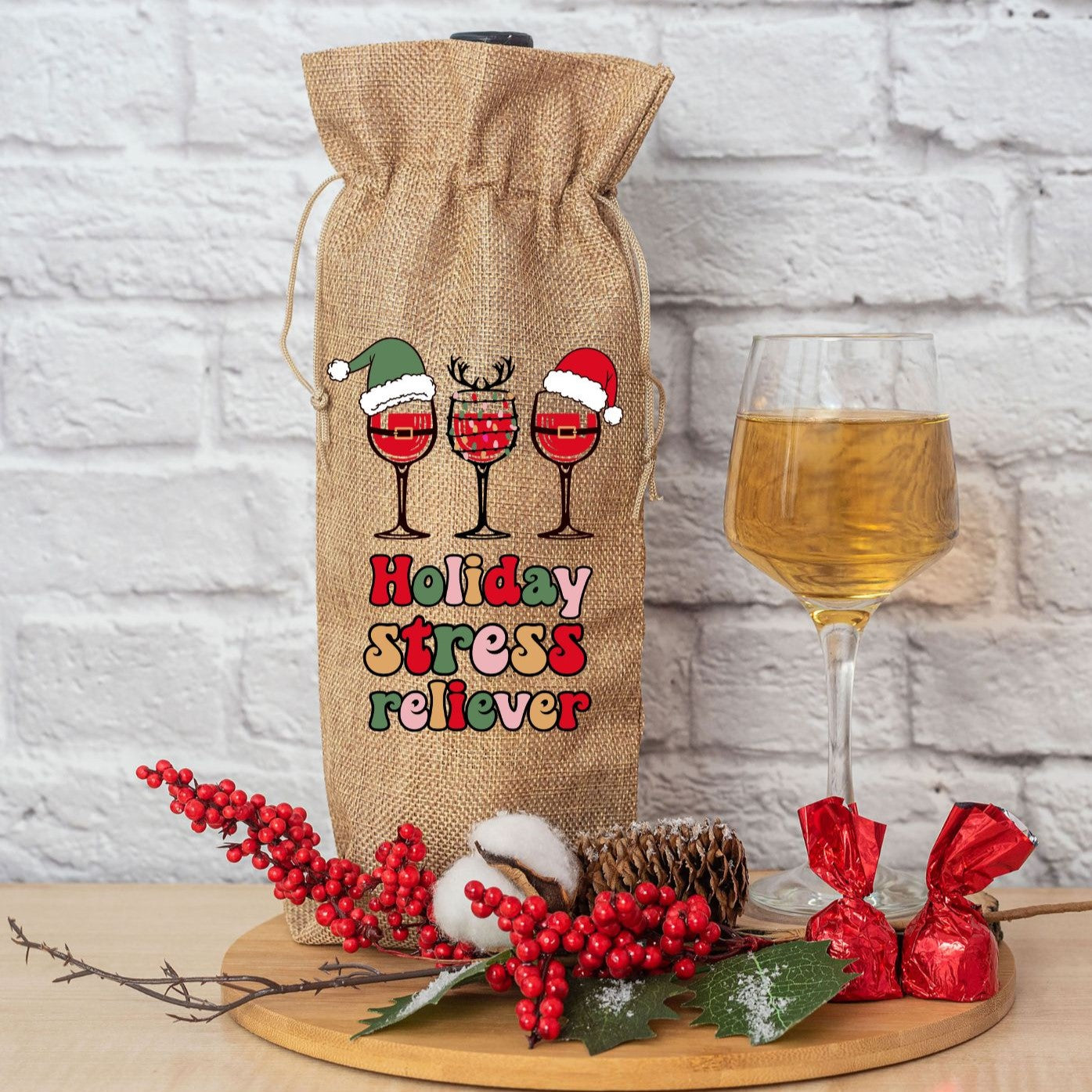 Christmas Alcohol Bottle Gift Bag "Holiday Stress Reliever" Colourful