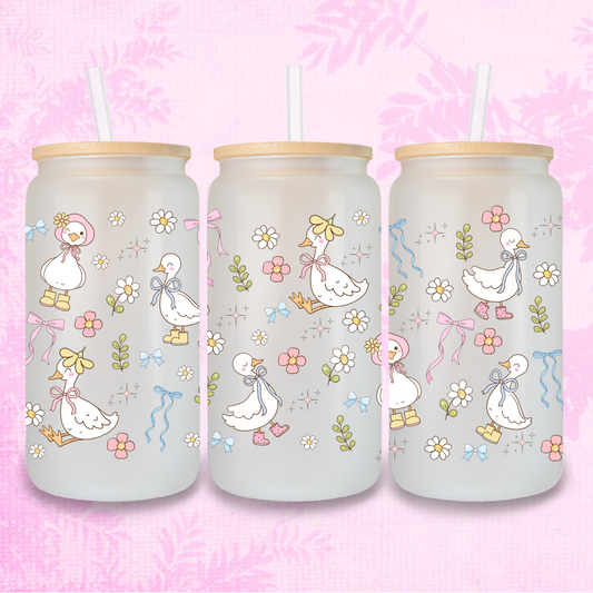 Coquette Adorable Ducks 16oz Frosted or Clear Libbey Glass Can with Bamboo lid & Straw