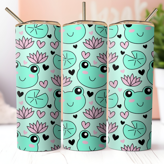 Cute Frog Heads & Lilies Design 20oz Thermal Tumbler with Straw