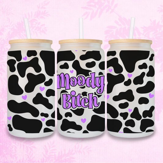 Moody Bitch In Purple - Cow Print 16oz Frosted or Clear Libbey Glass Can with Bamboo lid & Straw