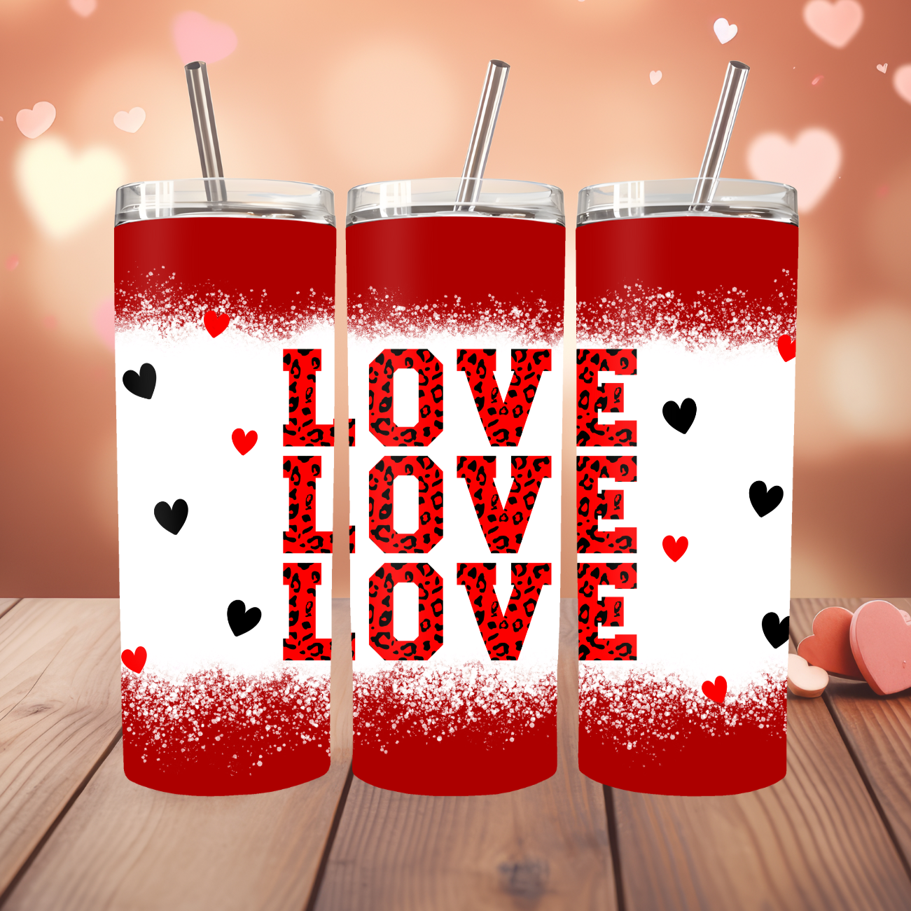 LOVE LOVE LOVE Valentine Red Leopard Print Design 20oz Thermal Tumbler with Straw