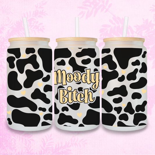 Moody Bitch In Yellow - Cow Print 16oz Frosted or Clear Libbey Glass Can with Bamboo lid & Straw