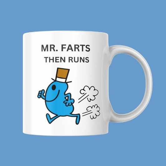 Novelty Mr. Men Mug, Mr. Farts Then Runs, Can Be Personalised, Great Gift Idea