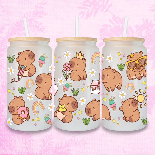 Cute Capybara 16oz Frosted or Clear Libbey Glass Can with Bamboo lid & Straw