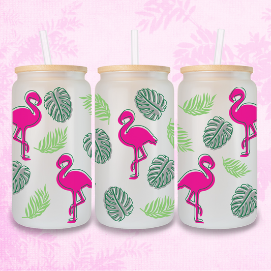 Tropical Flamingo 16oz Frosted or Clear Libbey Glass Can with Bamboo lid & Straw
