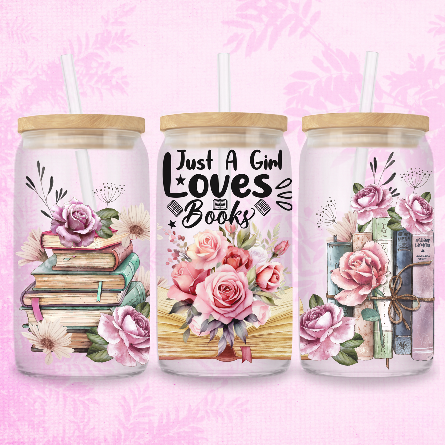 Just a Girl Loves Books 16oz Frosted or Clear Libbey Glass Can with Bamboo lid & Straw