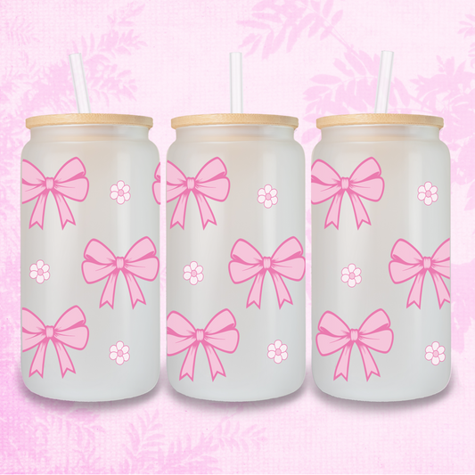 Pink Bows Coquette Style 16oz Frosted or Clear Libbey Glass Can with Bamboo lid & Straw