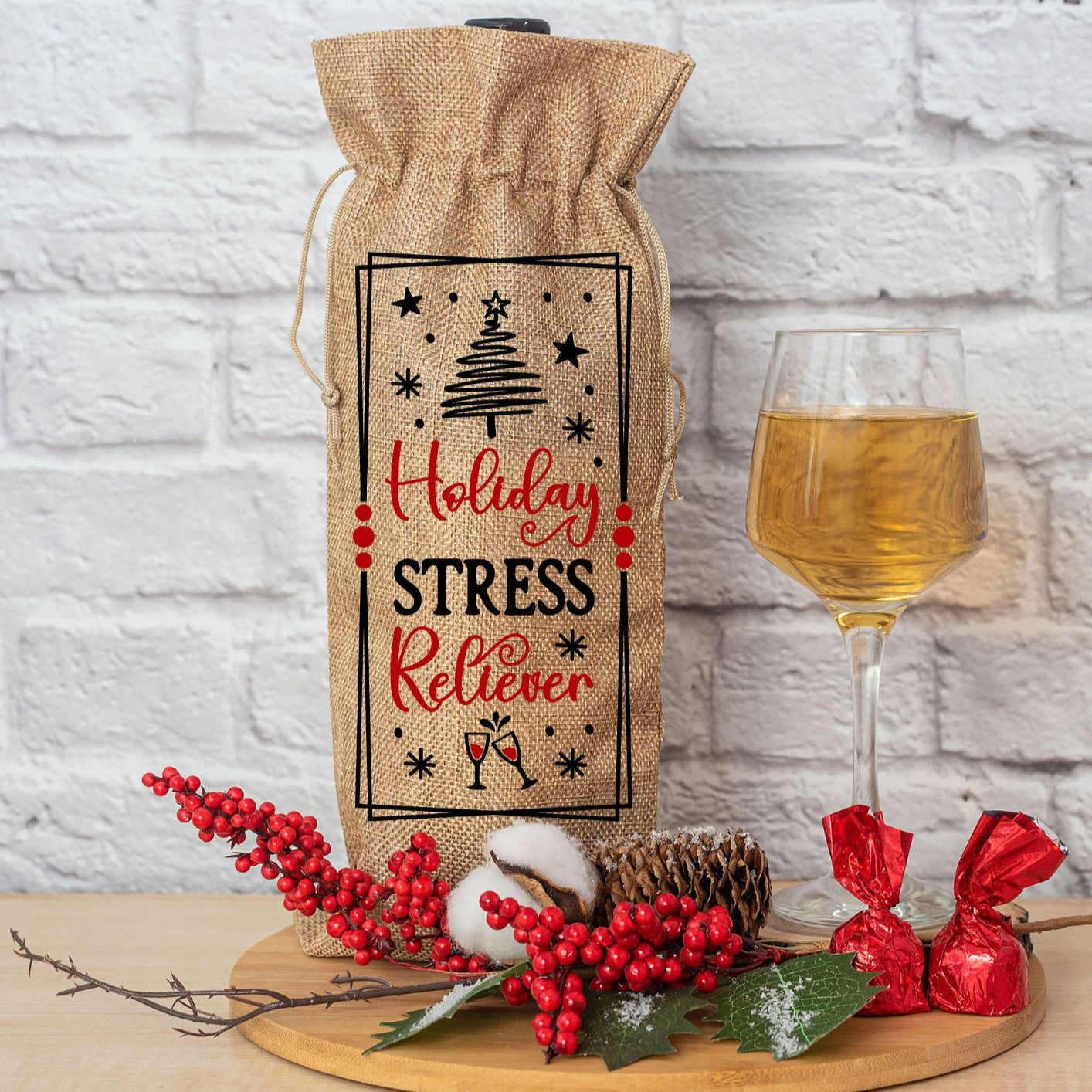 Christmas Alcohol Bottle Gift Bag "Holiday Stress Reliever"