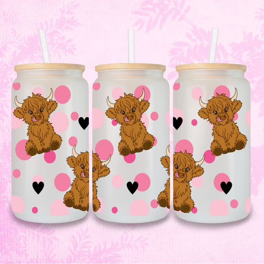 Highland Cow & Polka Dots 16oz Frosted or Clear Libbey Glass Can with Bamboo lid & Straw