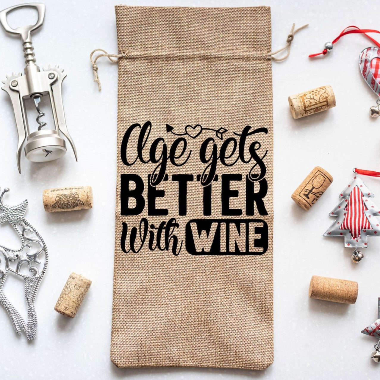 Wine Bottle Gift Burlap Bag "Age Gets Better With Wine"