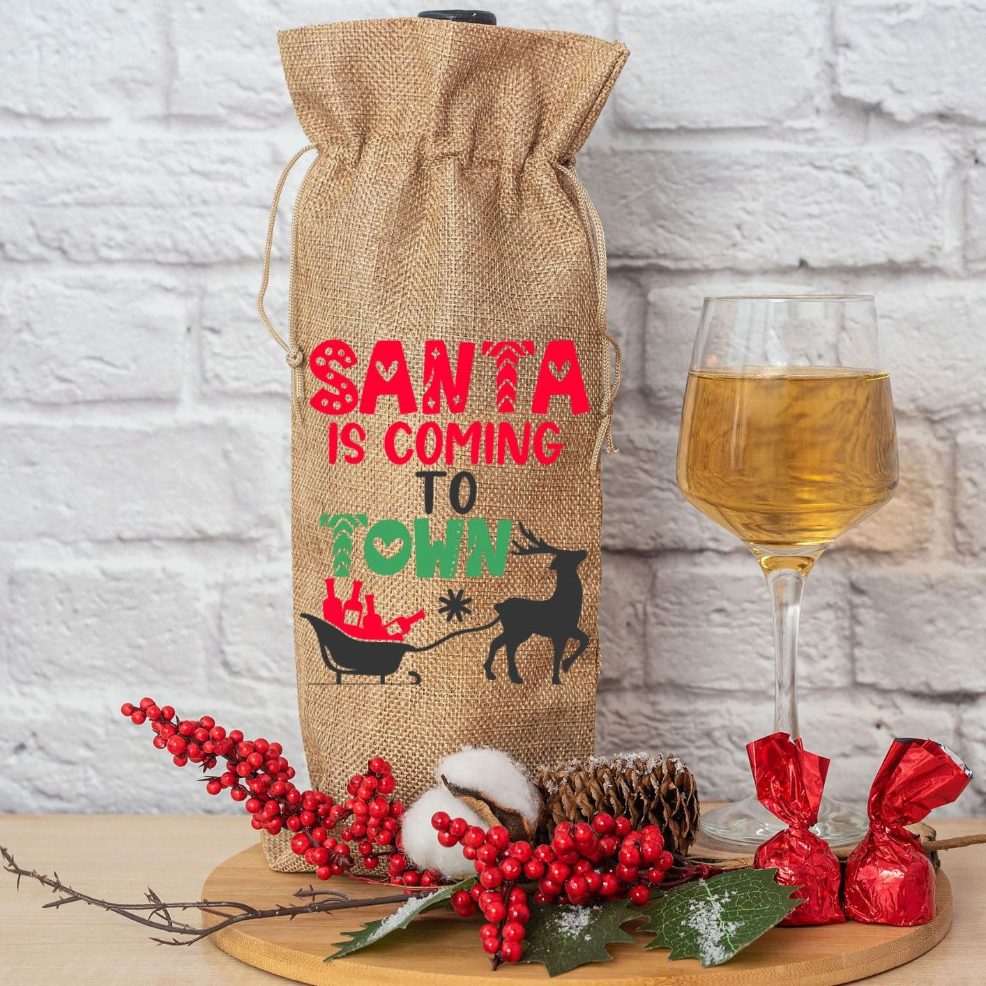 Christmas Alcohol Bottle Gift Bag "Santa's Coming To Town"