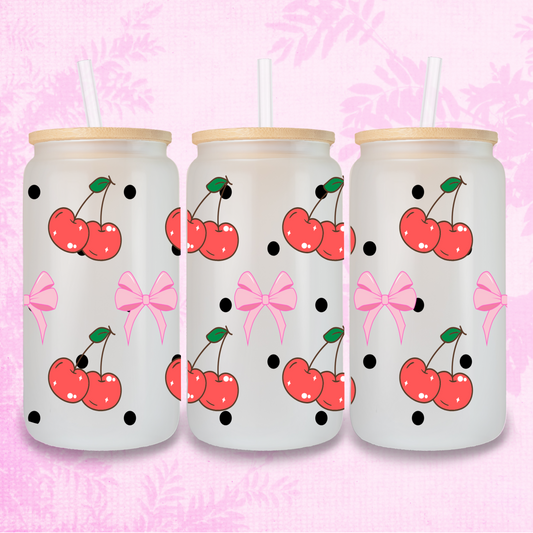Coquette Cherries & Bows 16oz Frosted or Clear Libbey Glass Can with Bamboo lid & Straw