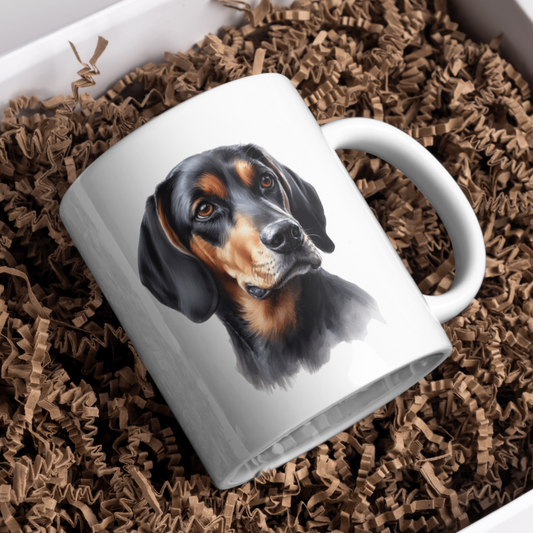 Black and Tan Coonhound Dog 11oz White Mug, Perfect Gift Idea As It Comes Boxed.
