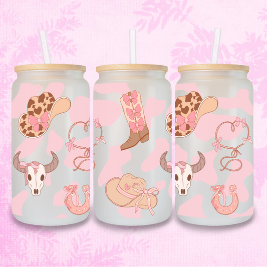 Coquette Cowgirl Hats & Boots - Cow Print 16oz Frosted or Clear Libbey Glass Can with Bamboo lid & Straw