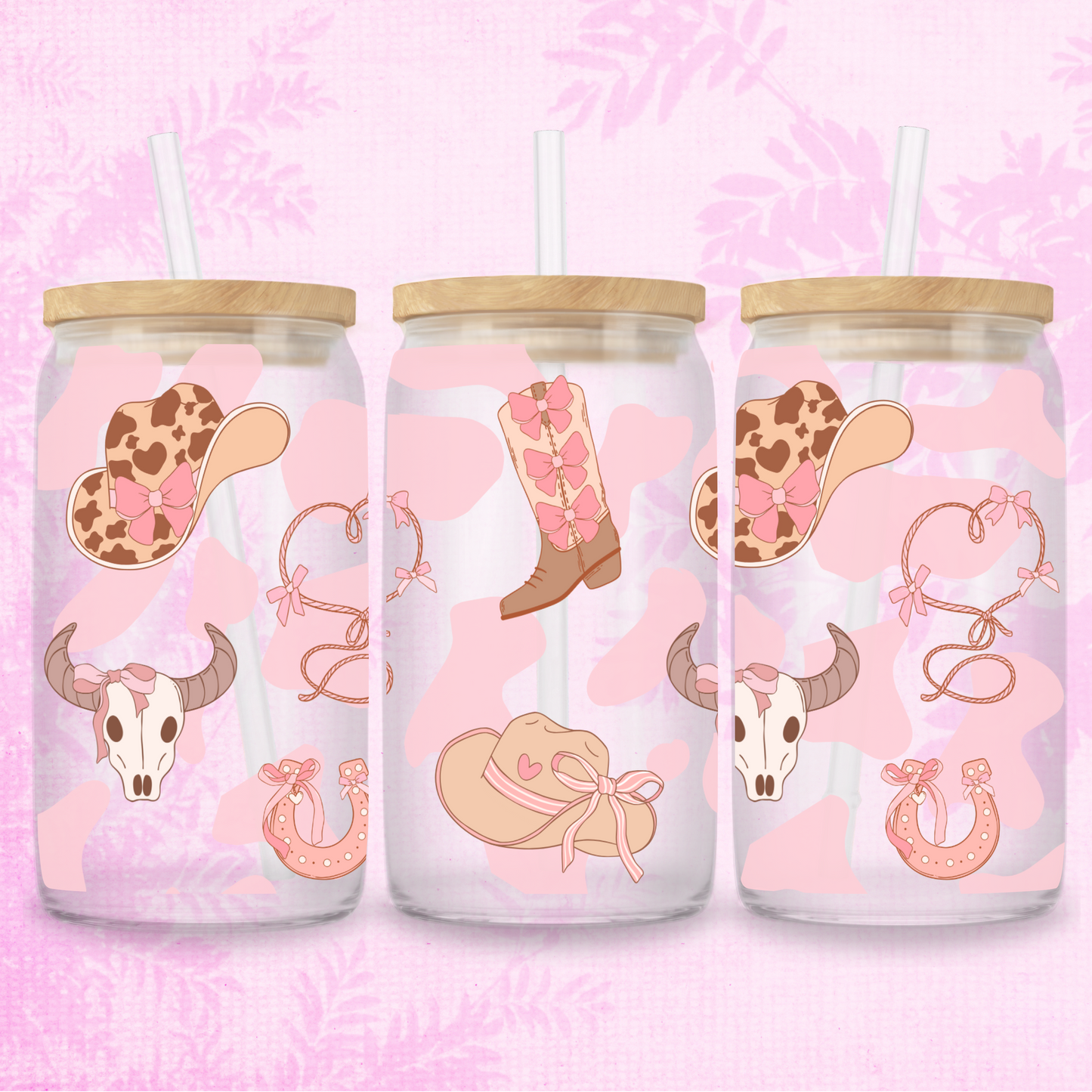 Coquette Cowgirl Hats & Boots - Cow Print 16oz Frosted or Clear Libbey Glass Can with Bamboo lid & Straw