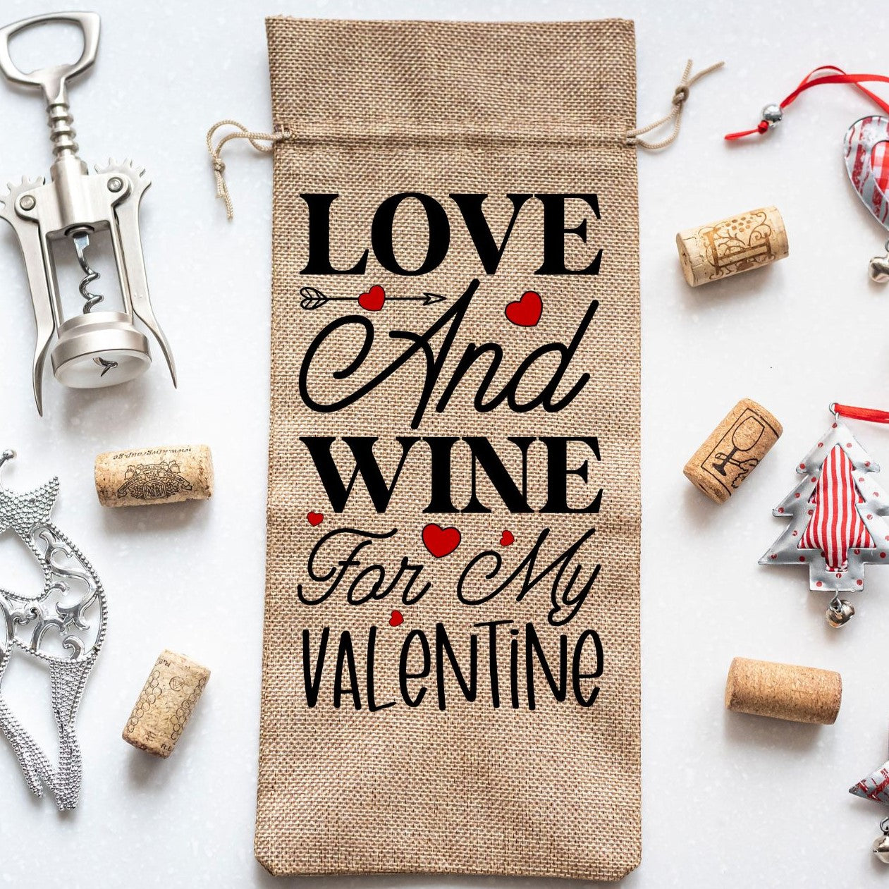 Valentine Wine Bottle Gift Burlap Bag "Love & Wine For My Valentine"