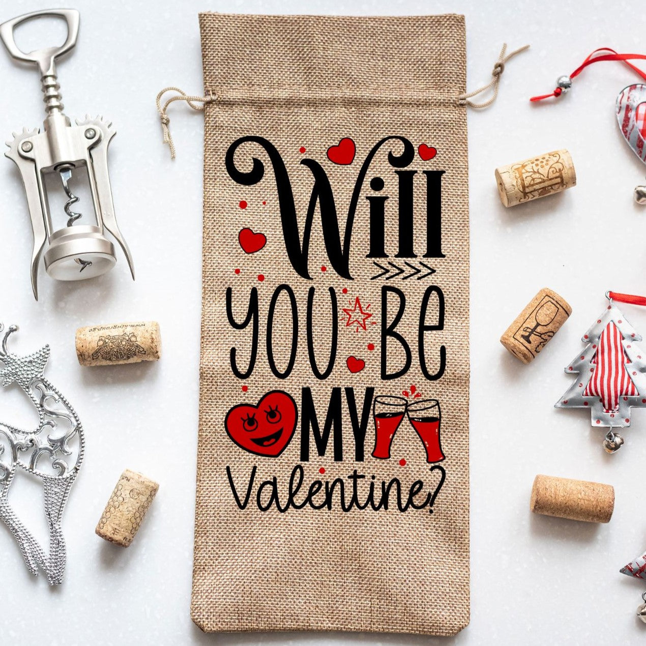 Valentine Wine Bottle Gift Burlap Bag "Will You Be My Valentine"