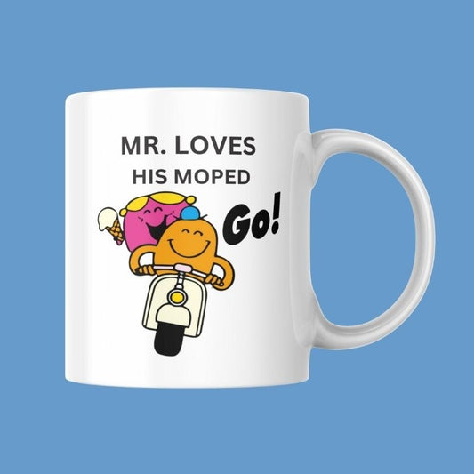Novelty Mr. Men Mug, Mr. Loves His Moped, Can Be Personalised, Great Gift Idea