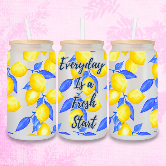 Fresh Start Lemon 16oz Frosted or Clear Libbey Glass Can with Bamboo lid & Straw