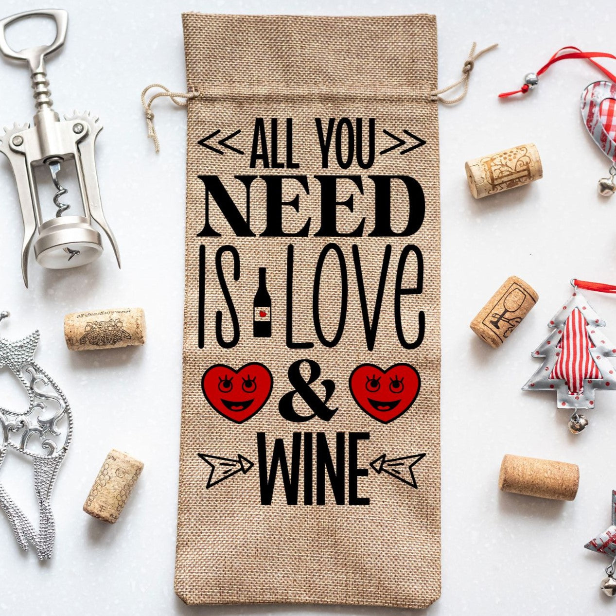 Valentine Wine Bottle Gift Burlap Bag "All You Need Is Love & Wine"