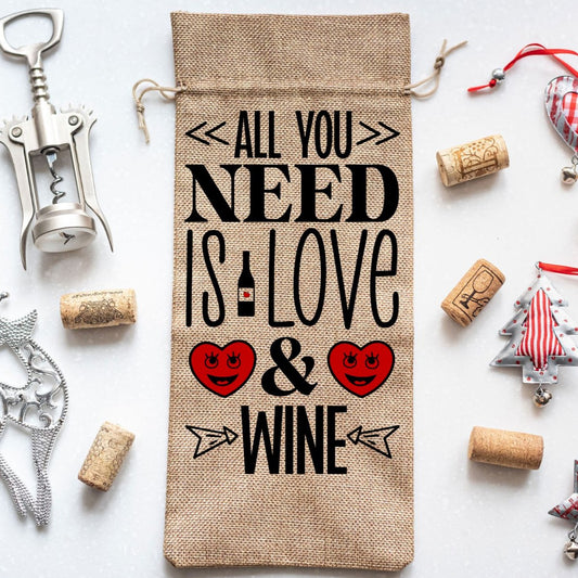 Valentine Wine Bottle Gift Burlap Bag "All You Need Is Love & Wine"