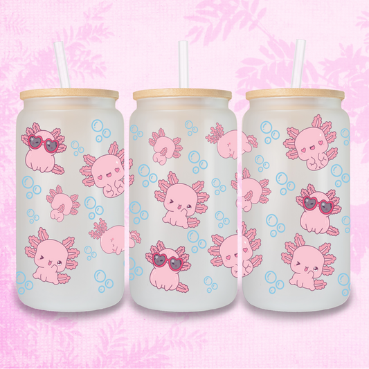 Pink Axolotls 16oz Frosted or Clear Libbey Glass Can with Bamboo lid & Straw