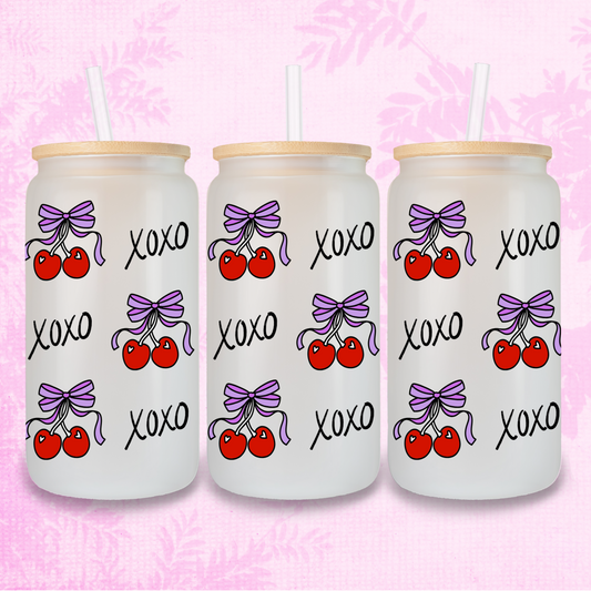 XOXO Hugs & Kisses 16oz Frosted or Clear Libbey Glass Can with Bamboo lid & Straw