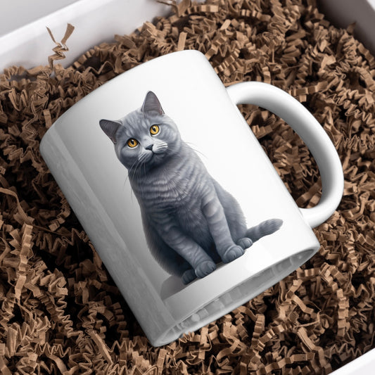 British Grey Short Hair Cat 11oz White Mug, Great Gift Idea. - Cute Customs by J & C