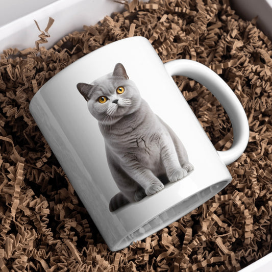 British Shorthair Cat 11oz White Mug, Great Gift Idea. - Cute Customs by J & C