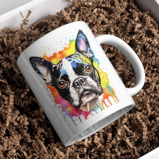 Colourful Splash Boston Terrier Dog 11oz White Mug, Ideal Gift Idea - Cute Customs by J & C